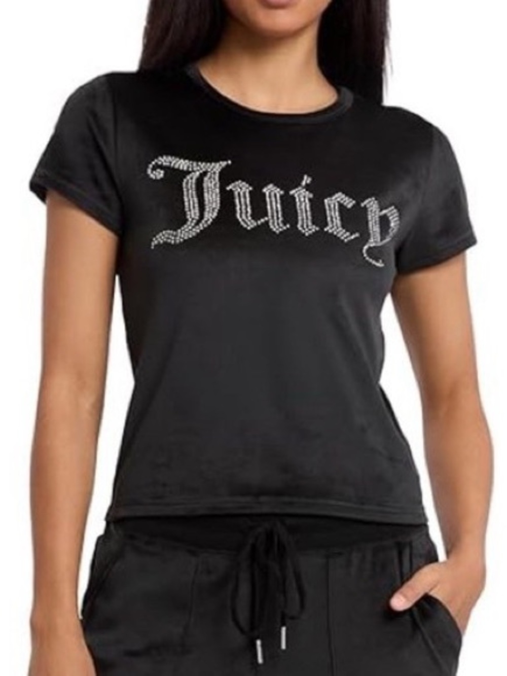 Black Juicy Couture Top NWT rhinestone velvet fleece short sleeve top lounge